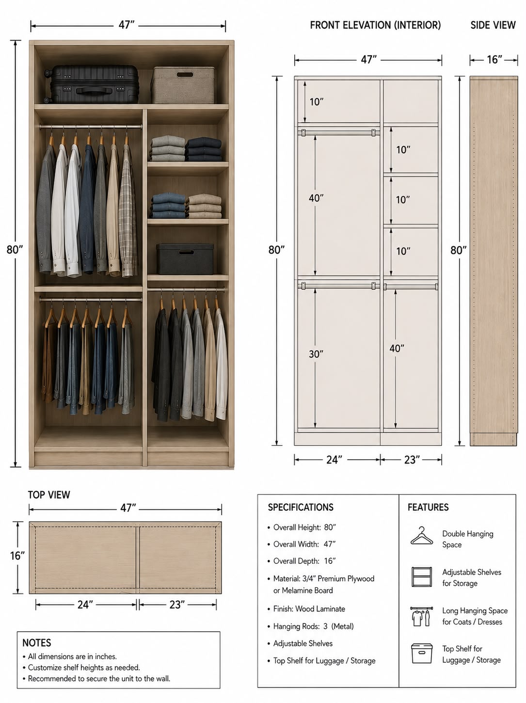 Example closet design spec drawing showing front elevation, side view and top view with exact dimensions