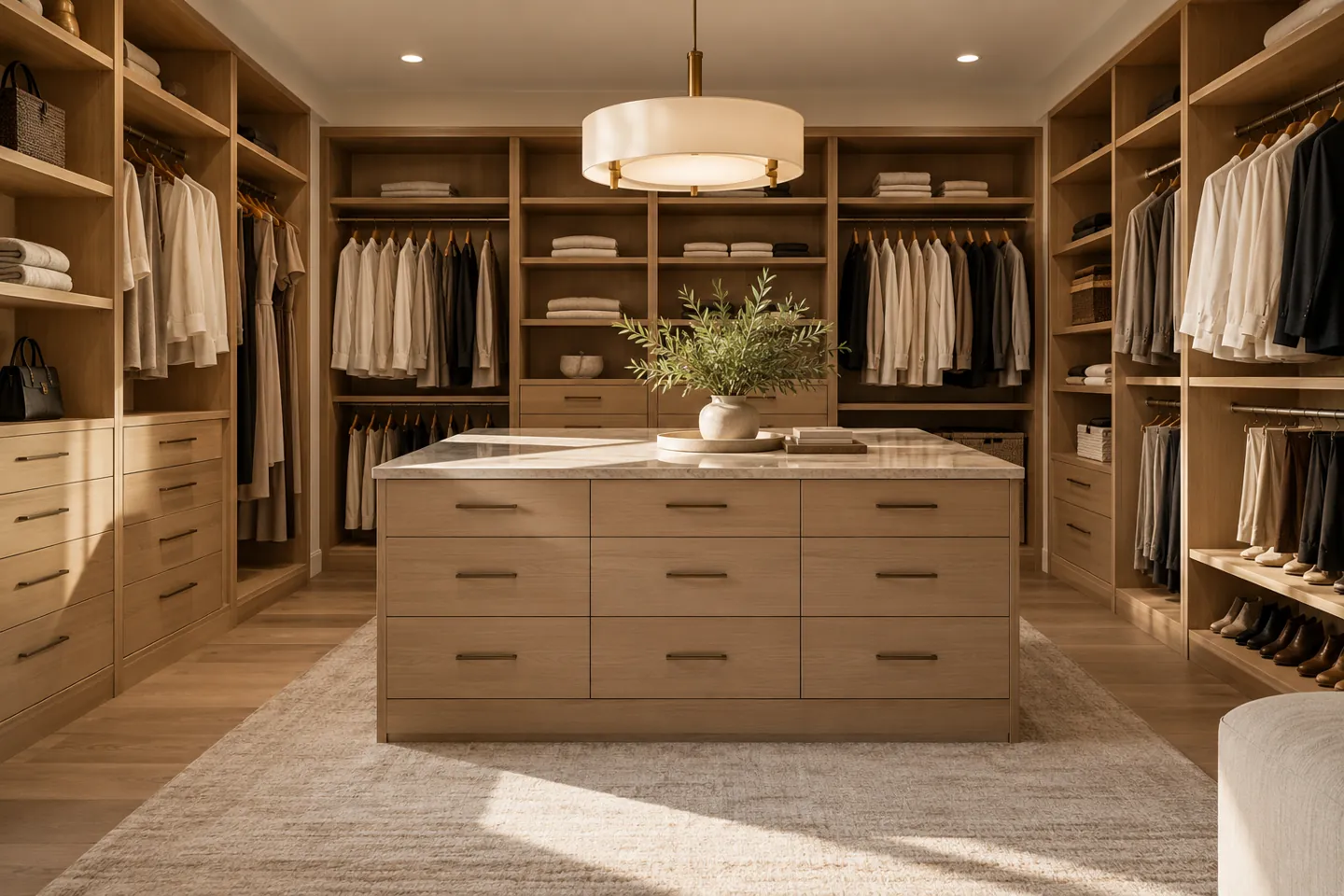 Oak walk-in closet and storage island design inspiration