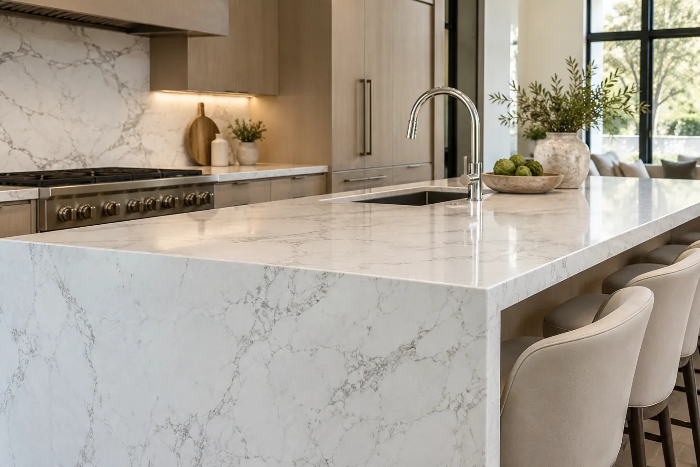 Fine-veined quartz waterfall countertop design inspiration