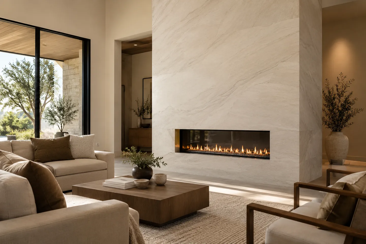 Porcelain feature wall and linear fireplace design inspiration