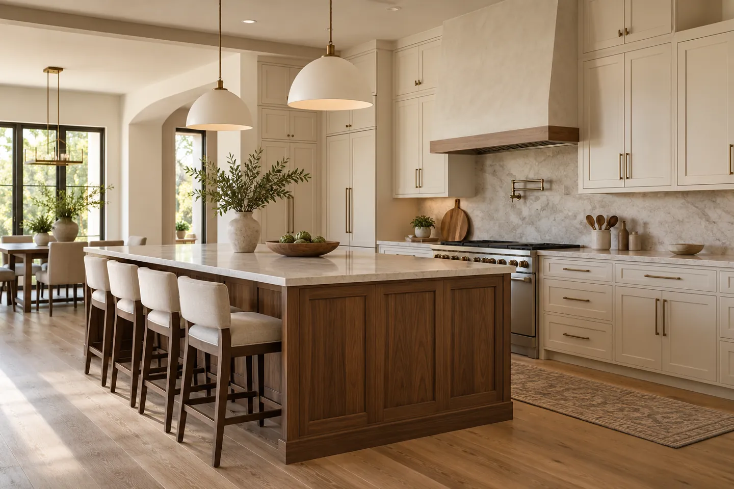 Cream cabinetry and walnut island kitchen design inspiration