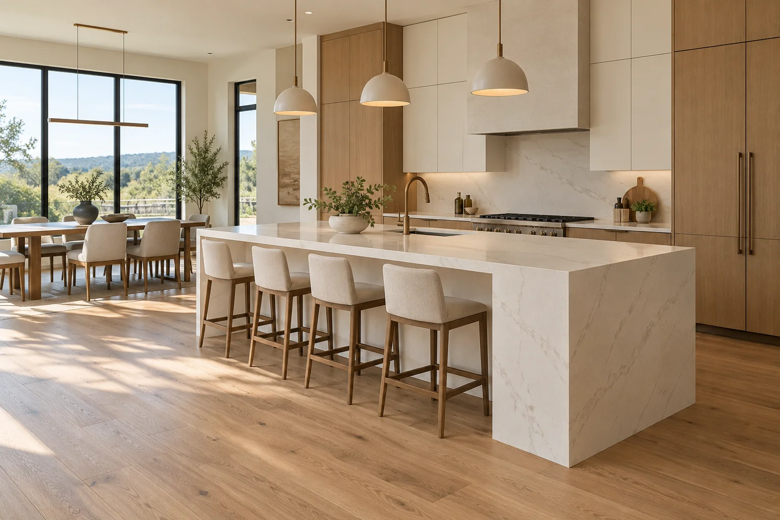 Contemporary kitchen design inspiration with oak cabinetry and an ivory island