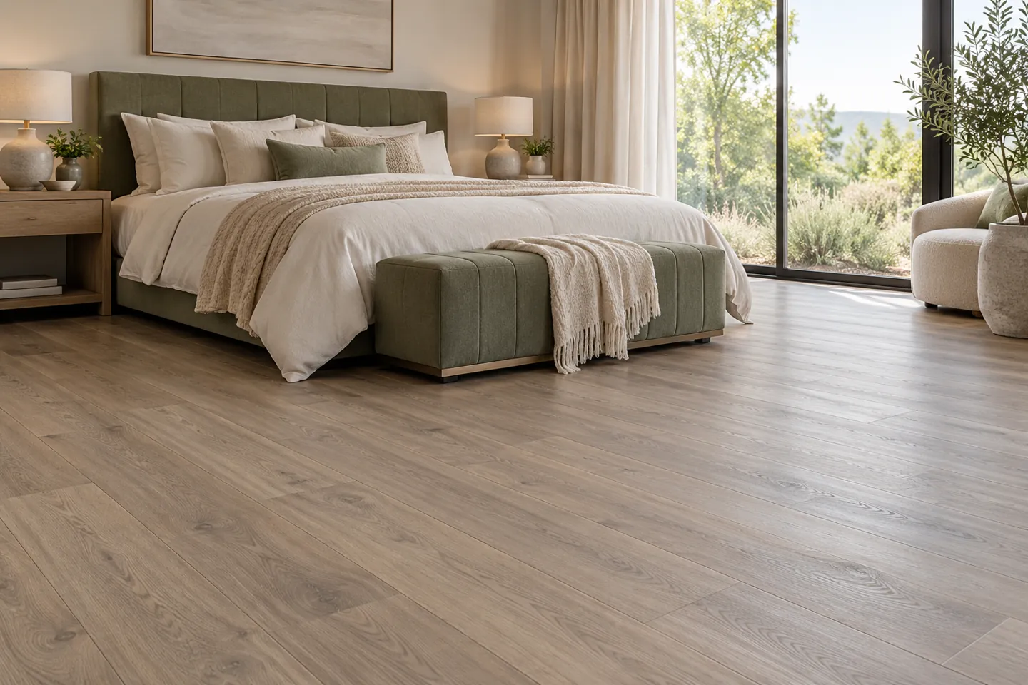 Oak-look laminate bedroom flooring design inspiration