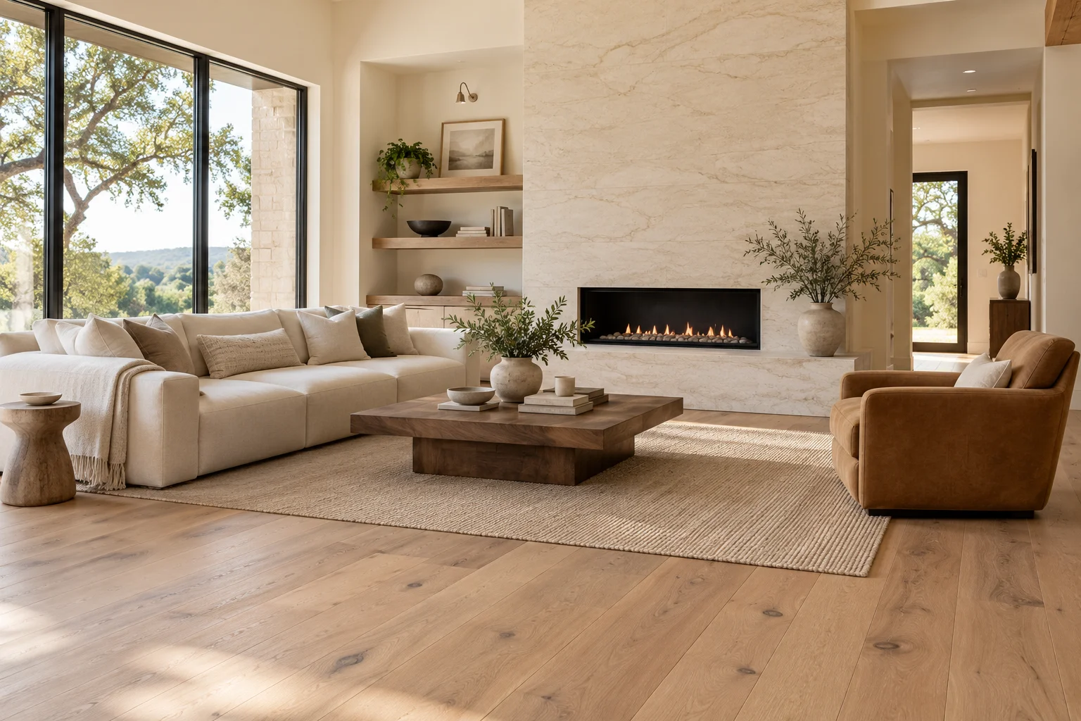Warm modern living room with oak flooring and a stone fireplace