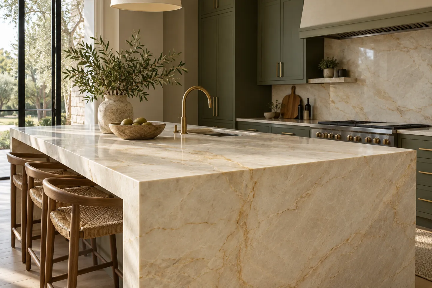 Warm ivory natural quartzite island design inspiration