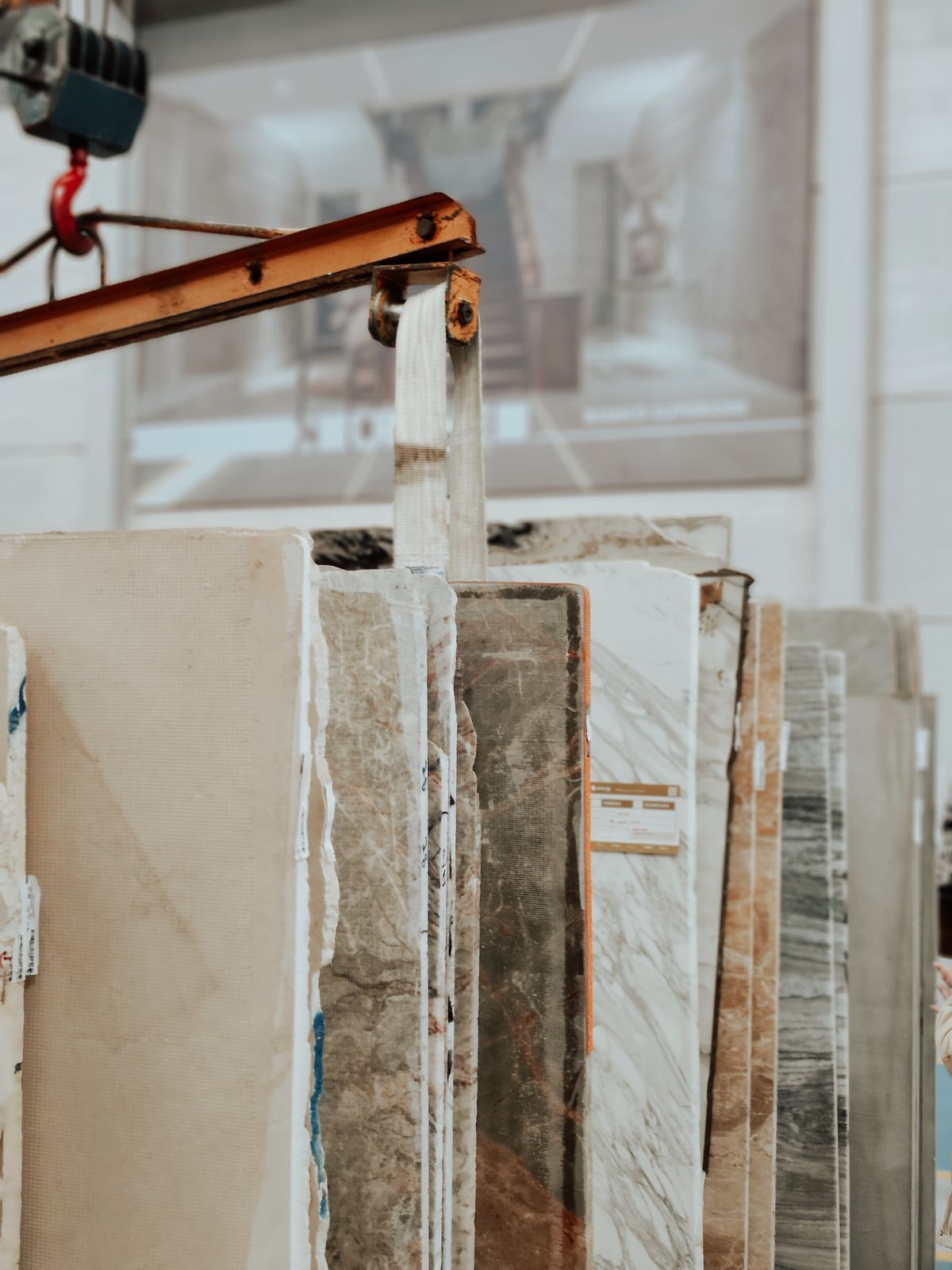 Stone slabs stored upright in a workshop